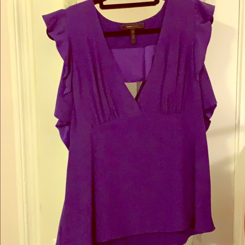 BCBG royal purple silk top with flutter back sz L